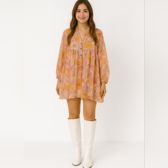 Coral light peach long sleeve boho floral dress Size Medium - Picture 4 of 8